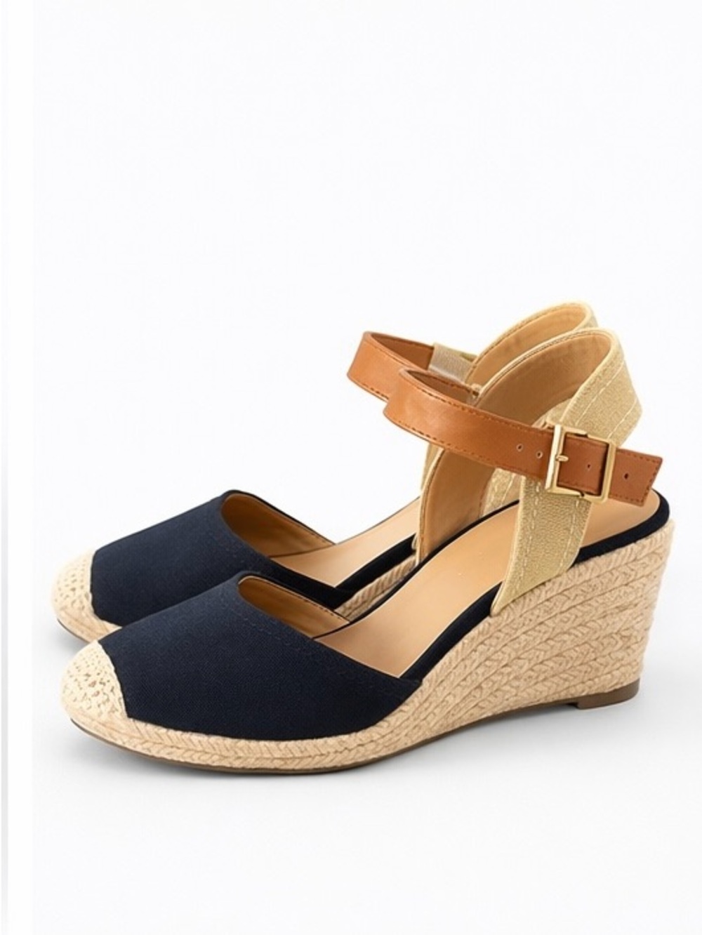 Tommy Hilfiger Espadrilles Wedges Navy Tan Ankle Strap Size 7.5 Chic - Picture 3 of 5